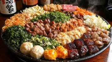 A Delicious Asian-Style Sizzling Platter with Assorted Meats, Noodles, and Vegetables. photo
