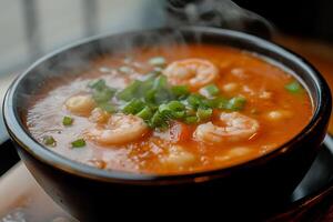 Steaming Bowl of Shrimp and Chickpea Soup. A close-up image showcasing a delicious and aromatic seafood soup. photo
