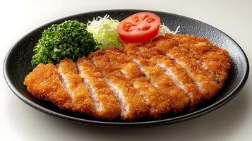 Delicious Breaded Pork Cutlet with Cabbage and Green Onions. A close up photo of a plated Japanese dish.