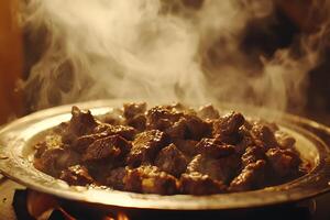 Steaming Hot Diced Beef in a Rustic Metal Pan. A Close-Up Image of Deliciously Cooked Meat. photo