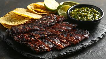 Sliced Grilled Steak with Tortillas and Salsa on a Dark Stone Plate. A close up image of delicious, succulent grilled steak ready to be enjoyed. photo