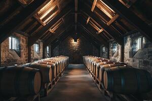 Rows of Oak Barrels in a Historic Wine Cellar. The image depicts a traditional wine cellar with wooden barrels aging. photo