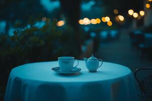 A table with a cup and saucer on it photo