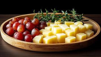 Cubes of Cheese and Red Grapes on a Wooden Platter. A close up image of a delicious and healthy snack. photo