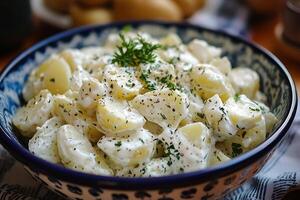 A bowl of potato salad with sour cream and herbs photo