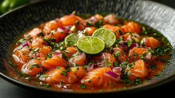 Close up of fresh salmon ceviche in a bowl with lime and red onion. photo