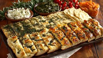 Delicious Herb and Cheese Breadsticks with Dips A Culinary Delight. photo