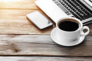 Modern office workspace with a laptop smartphone and coffee cup HD Background, Luxury hd wallpaper Image, Trendy Background illustration photo