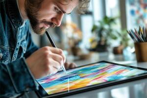 Graphic designer creating a colorful digital artwork on a tablet HD Background, Luxury hd wallpaper Image, Trendy Background illustration photo