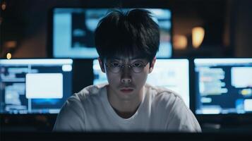 Software developer coding in a dark office HD Background, Luxury hd wallpaper Image, Popular high resolution Desktop Background photo