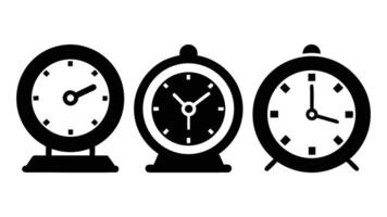 Retro illustration shows a funny old alarm clock ringing its bell, different Clock icon black silhouette isolated on white background vector