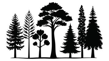 A set features black silhouette outlines of various trees, including palm and pine, showcasing a natural collection with leaf and branch details, collection of trees silhouettes. Ai created vector