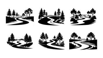 set of Serene river curve with trees lining black and white silhouette on white background vector