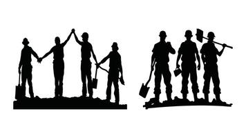 workers standing together in unity set, workers silhouette vector