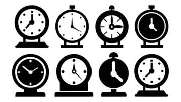 Retro illustration shows a funny old alarm clock ringing its bell, different Clock icon black silhouette isolated on white background, illustration of clock vector