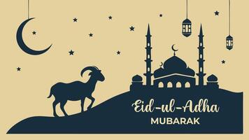 Eid mubarak greeting card with mosque, A beautiful, minimalist illustration celebrating Eid al-Adha features a silhouette of a ram in the foreground. Ai created vector