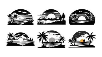 sunset icons set with tropical palm tree, beach and island design vector