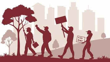 Ai created illustration of workers silhouettes with sunburst in the background, May 1st Day, Labour Day concept, Happy Labour Day, Labor Day vector
