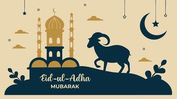A beautiful, minimalist illustration celebrating Eid al-Adha features a silhouette of a ram in the foreground. Eid mubarak greeting card with mosque. Ai created vector