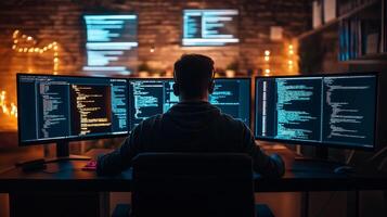 Hacker in a dark room with multiple monitors HD Background, Luxury hd wallpaper Image, Trendy Background illustration photo