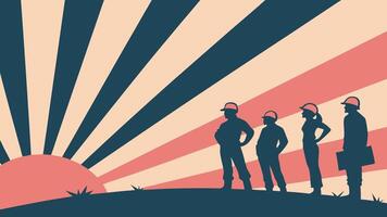 Ai created illustration of workers silhouettes with sunburst in the background, May 1st Day, Labour Day concept, Happy Labour Day, Workers Day vector
