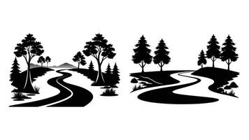 Collection of Serene river curve with trees lining black and white silhouette on white background vector