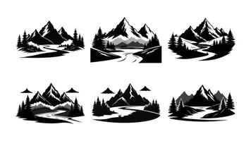 cabin by the river with mountain black silhouette set on white background, set of camping icons vector