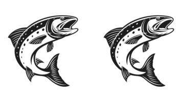 Silhouette of a monster trout fish set, black and white fish set vector