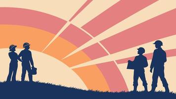 illustration of workers silhouettes with sunburst in the background, May 1st Day, Labour Day concept, Happy Labour Day, Labor Day, Workers Day. AI created vector