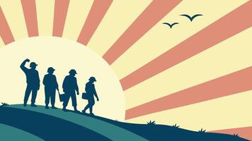 illustration of workers silhouettes with sunburst in the background, May 1st Day, Labour Day concept, Happy Labour Day, Labor Day. AI created vector