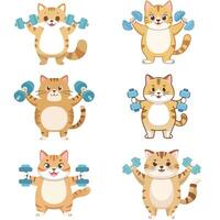 Chubby Cartoon Cat Lifting Dumbbells with Effort bundle vector