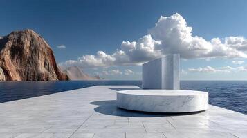 Marble platform with ocean view and cloudy sky for product display and presentation scene mockup design photo