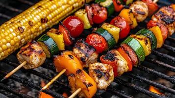 Grilled vegetable and chicken skewers with corn on the cob on a barbecue grill close up view photo
