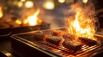 Close up of steaks grilling over an open flame for a barbecue in a restaurant kitchen setting photo