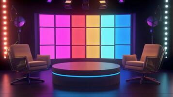 A room with two chairs and a table with a colorful wall photo