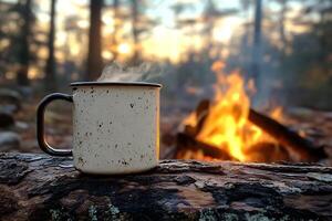 Steaming enamel mug on log by campfire with forest in soft background photo