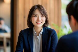 Smiling asian woman in a blazer during a meeting with a blurred person in an office setting photo