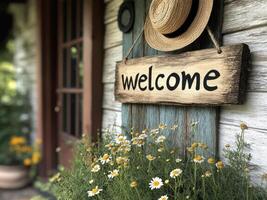 A handmade wooden Welcome sign hanging outside a cottage with a straw hat and wildflowers nearby, Charming and rustic, with soft light and the smell of fresh herbs. photo