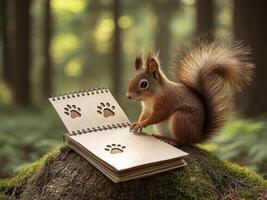 A squirrel making a handmade journal with pressed leaves and recycled paper in a forest cabin, Nature-inspired designs, tiny scissors, and paw prints on the paper. photo
