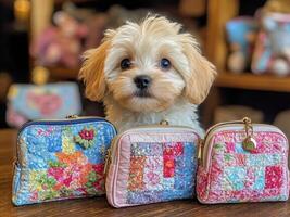 A small handmade shop run by a friendly puppy, selling keychains, pouches, and patchwork toys,Filled with wooden shelves, hanging mobiles, and hand-sewn items. photo