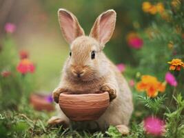 A bunny holding a handmade ceramic bowl in a blooming garden, Pastel tones, imperfect pottery, and flowers peeking from everywhere. photo