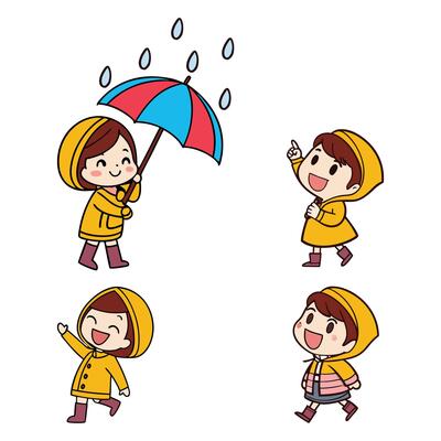 Kid kawaii Cartoon Character Set Playing in the Rain, Four Different poses of cute Kid Enjoying Rainy Day Outdoor illustration