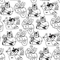 black and white seamless pattern with working cats in doodle style vector