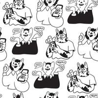 black and white seamless pattern with cats characters in doodle style vector