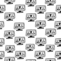 black and white seamless pattern with computer screen in doodle style vector