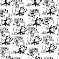 black and white seamless pattern with cat in office in doodle style vector