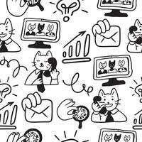 black and white seamless pattern with business icons in doodle style vector