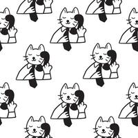 black and white seamless pattern with cat talking on phone in doodle style vector
