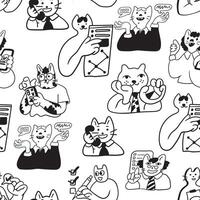 black and white seamless pattern with infographic and cats in doodle style vector