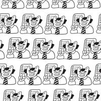 black and white seamless pattern with cat as teacher in doodle style vector